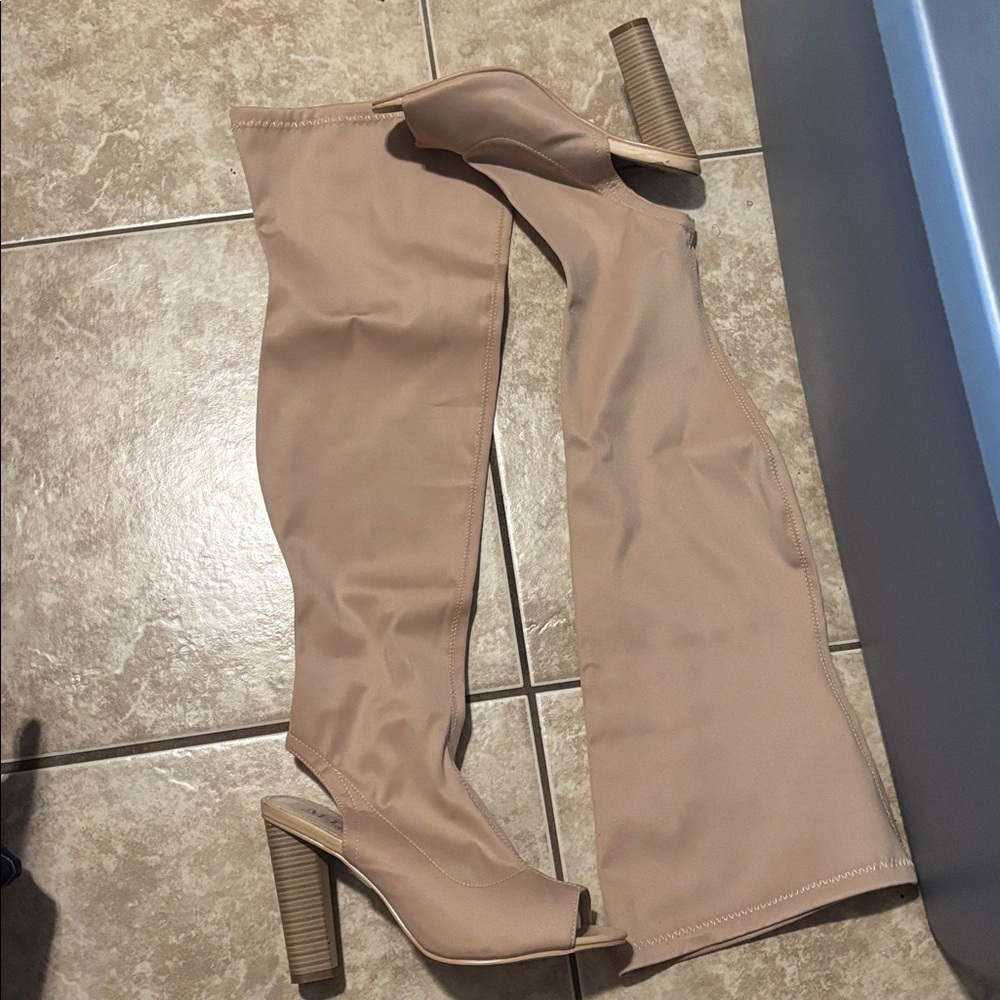 Tan Over-the-Knee Peep Toe Boots